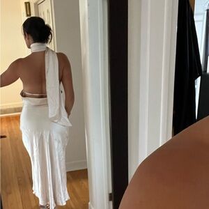 MURA Boutique satin champagne midi dress with slit